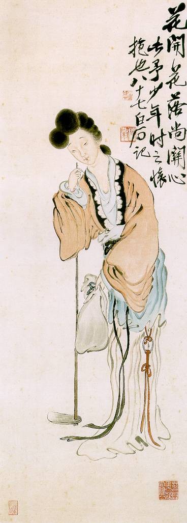 黛玉葬花图（齐白石早期纸本设色人物画）